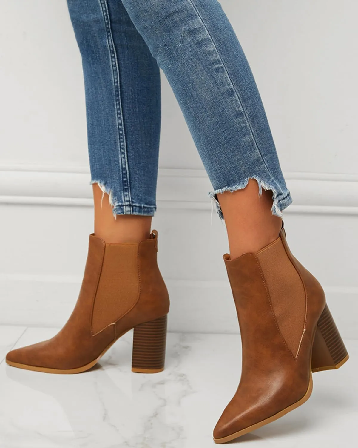 Chelsea Ankle Boots for Women Chunky Block Heel Booties Pointed Toe Stack Heel Brown Black Boots Dress Shoes Elastic Gore Slip On Comfortable Chelsea Boots