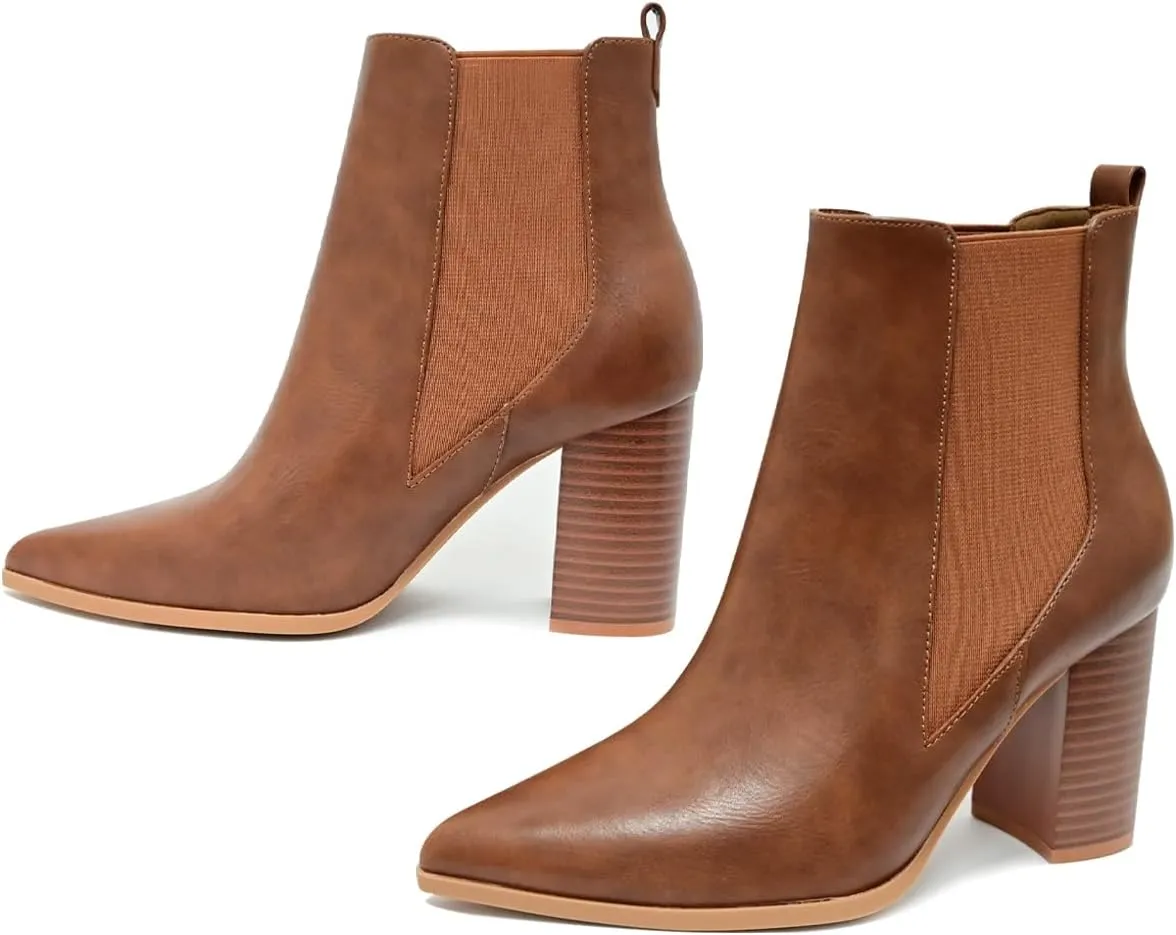 Chelsea Ankle Boots for Women Chunky Block Heel Booties Pointed Toe Stack Heel Brown Black Boots Dress Shoes Elastic Gore Slip On Comfortable Chelsea Boots