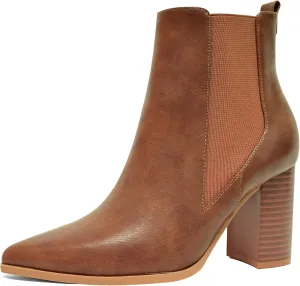 Chelsea Ankle Boots for Women Chunky Block Heel Booties Pointed Toe Stack Heel Brown Black Boots Dress Shoes Elastic Gore Slip On Comfortable Chelsea Boots
