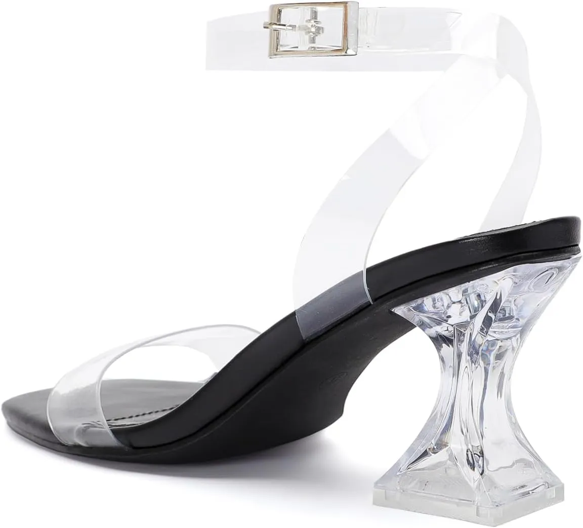 Clear Heels for Women Chunky Heel Sexy Open Square Toe Clear Ankle Strap Block Low Heeled Sandals