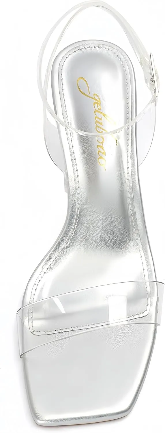 Clear Heels for Women Chunky Heel Sexy Open Square Toe Clear Ankle Strap Block Low Heeled Sandals