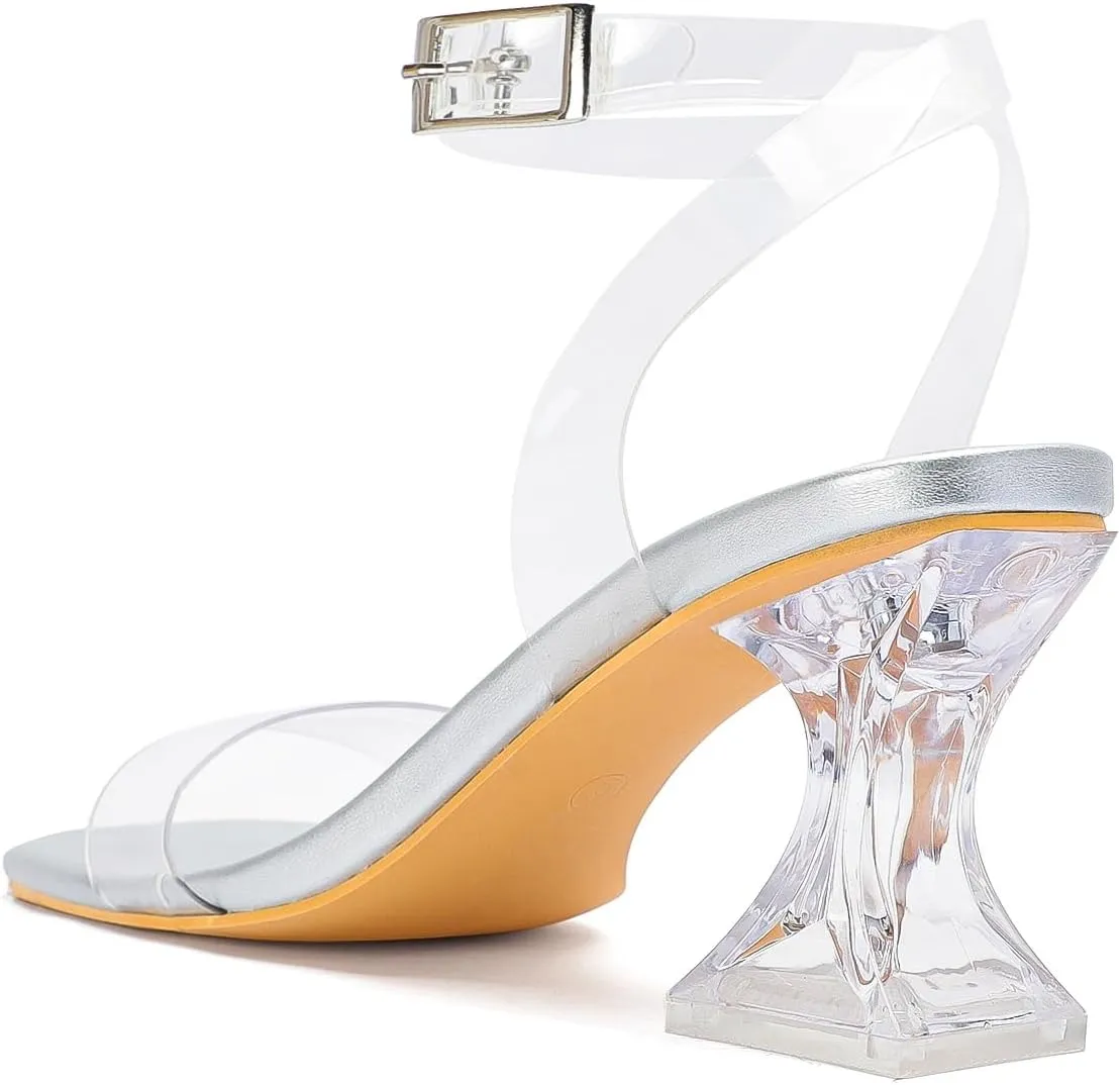 Clear Heels for Women Chunky Heel Sexy Open Square Toe Clear Ankle Strap Block Low Heeled Sandals
