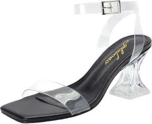 Clear Heels for Women Chunky Heel Sexy Open Square Toe Clear Ankle Strap Block Low Heeled Sandals