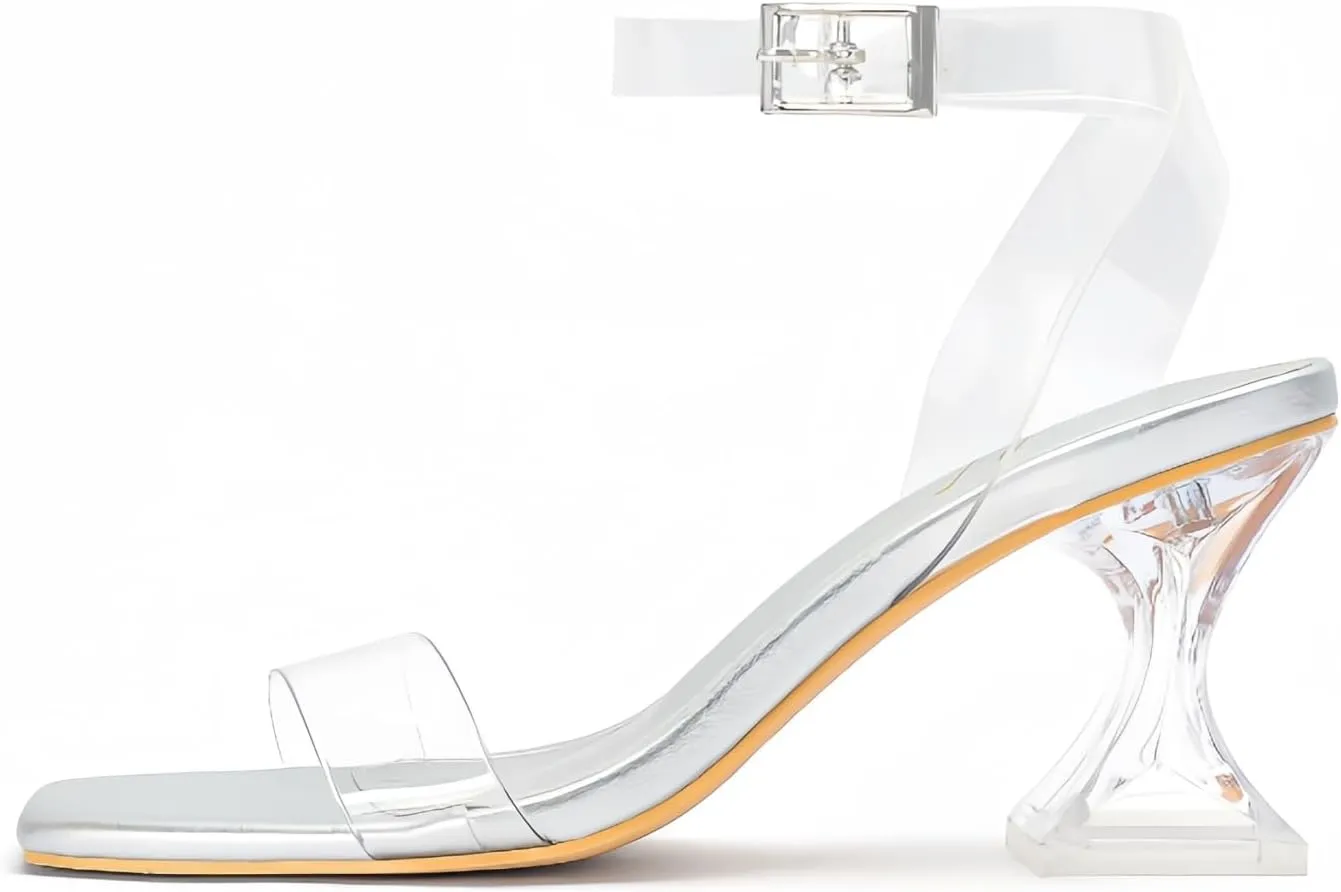 Clear Heels for Women Chunky Heel Sexy Open Square Toe Clear Ankle Strap Block Low Heeled Sandals