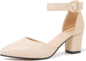Closed Toe Heels for Women Pointed Toe Heels Low Block Chunky Pumps Ankle Strap D'Orsay Wedding Party Dress Shoes