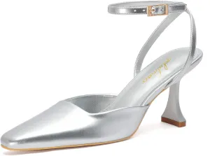 Closed Toe Heels for Women Sexy Square Toe Ankle Strap Mid Stiletto Pumps Comfortable Dress Bridal Wedding Kitten Shoes