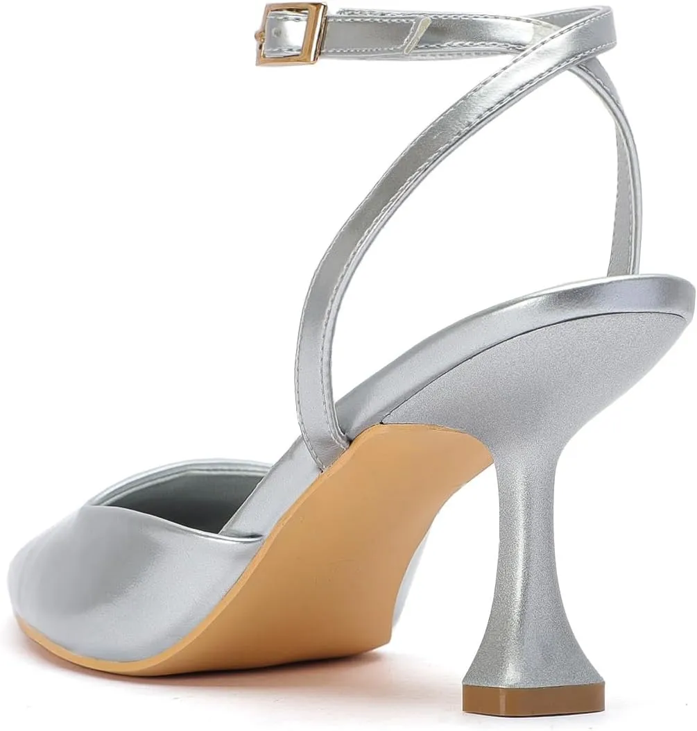 Closed Toe Heels for Women Sexy Square Toe Ankle Strap Mid Stiletto Pumps Comfortable Dress Bridal Wedding Kitten Shoes