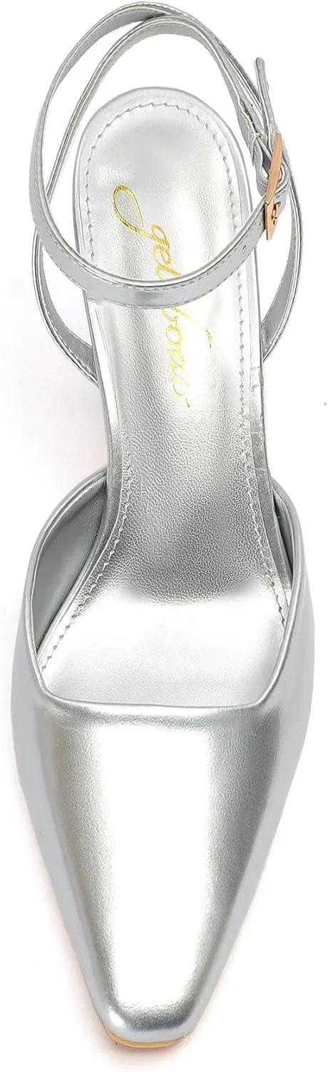 Closed Toe Heels for Women Sexy Square Toe Ankle Strap Mid Stiletto Pumps Comfortable Dress Bridal Wedding Kitten Shoes