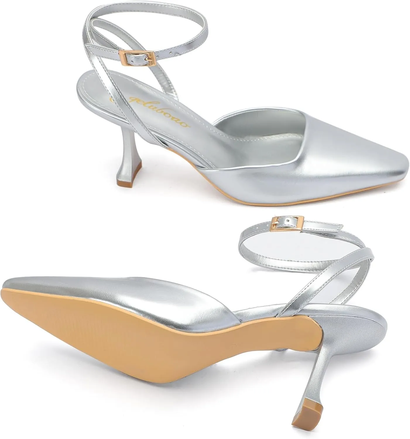 Closed Toe Heels for Women Sexy Square Toe Ankle Strap Mid Stiletto Pumps Comfortable Dress Bridal Wedding Kitten Shoes