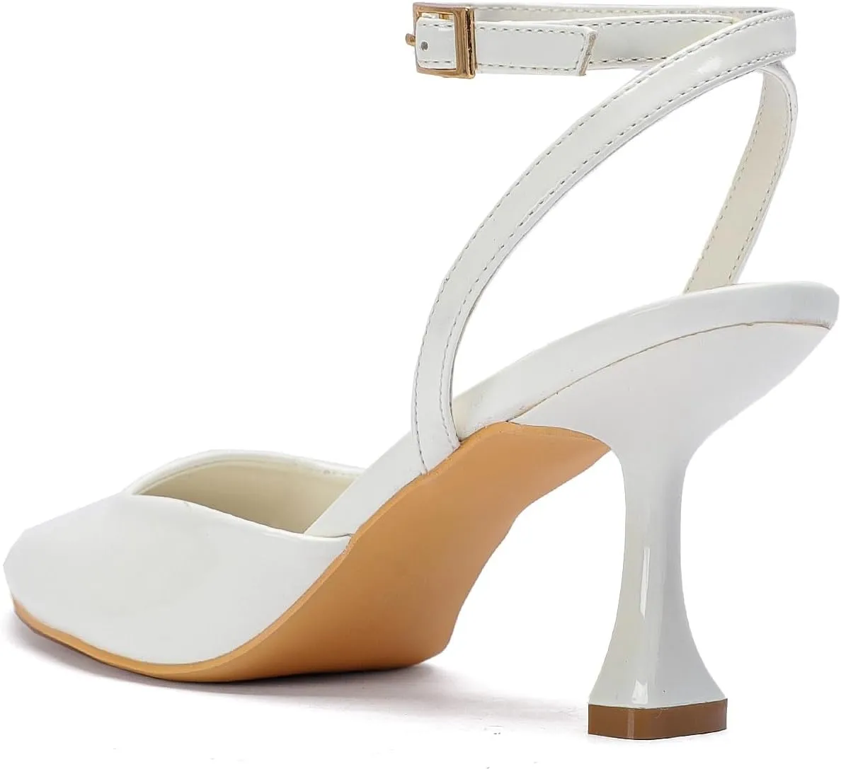 Closed Toe Heels for Women Sexy Square Toe Ankle Strap Mid Stiletto Pumps Comfortable Dress Bridal Wedding Kitten Shoes