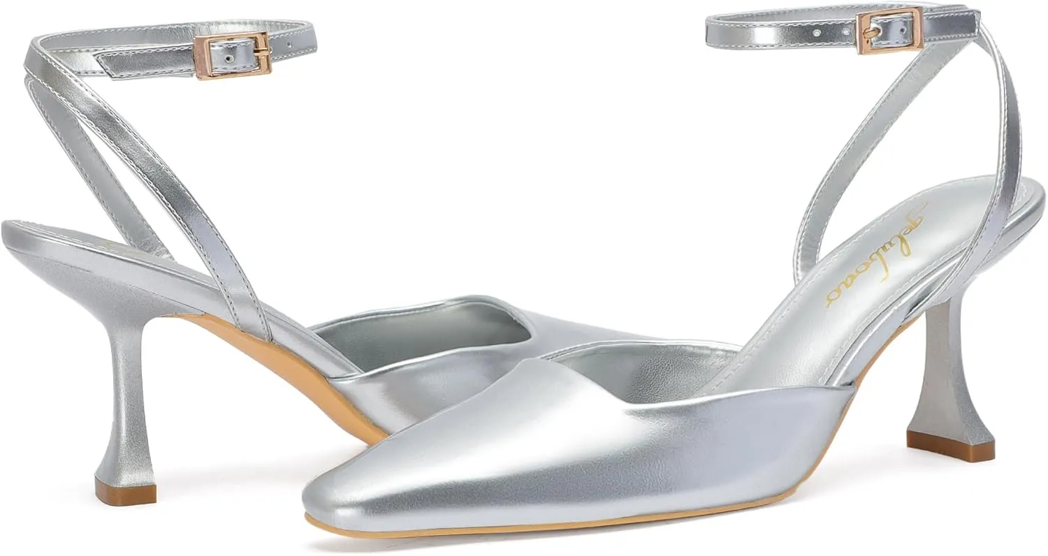 Closed Toe Heels for Women Sexy Square Toe Ankle Strap Mid Stiletto Pumps Comfortable Dress Bridal Wedding Kitten Shoes