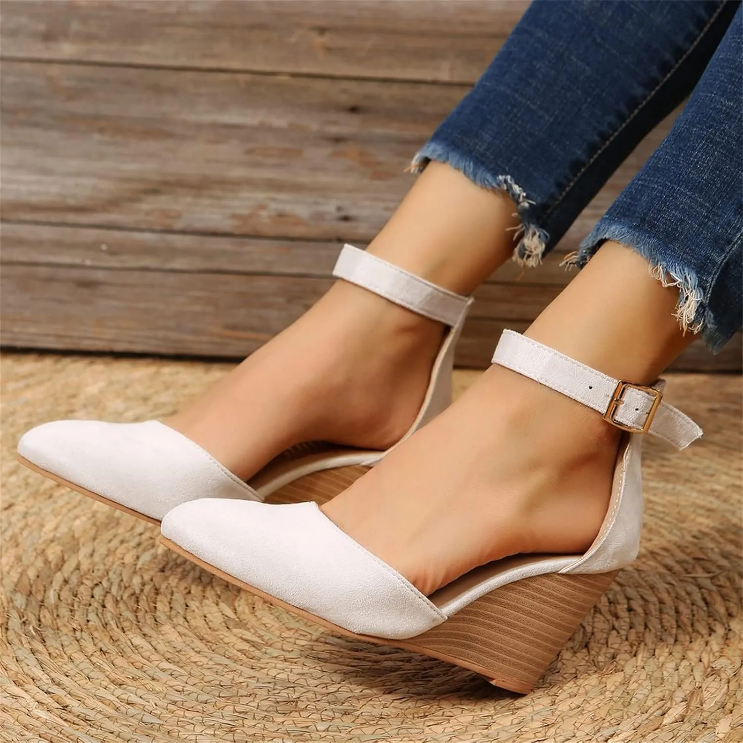 Closed Toe Wedges For Women,Closed Toe Sandals Women,Dressy Pointed Toes Platform Wedge Sandals Ankle Strap Heeled Espadrilles Sandal Ladies Comfortable Cork Summer Dress Shoes Beach Vacation Wedding