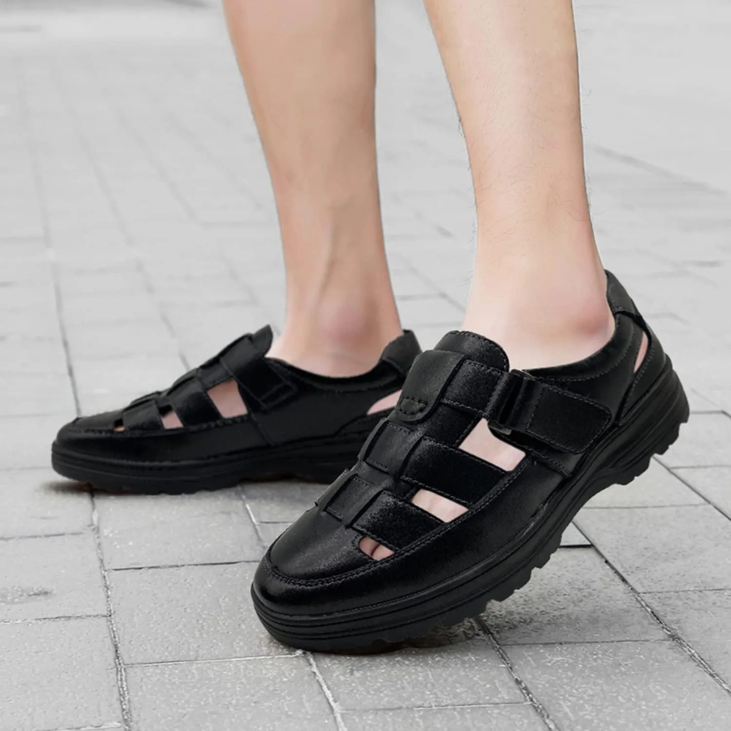 CMM Mens Casual Closed Toe Leather Sandals Outdoor Fisherman Adjustable Summer Shoes