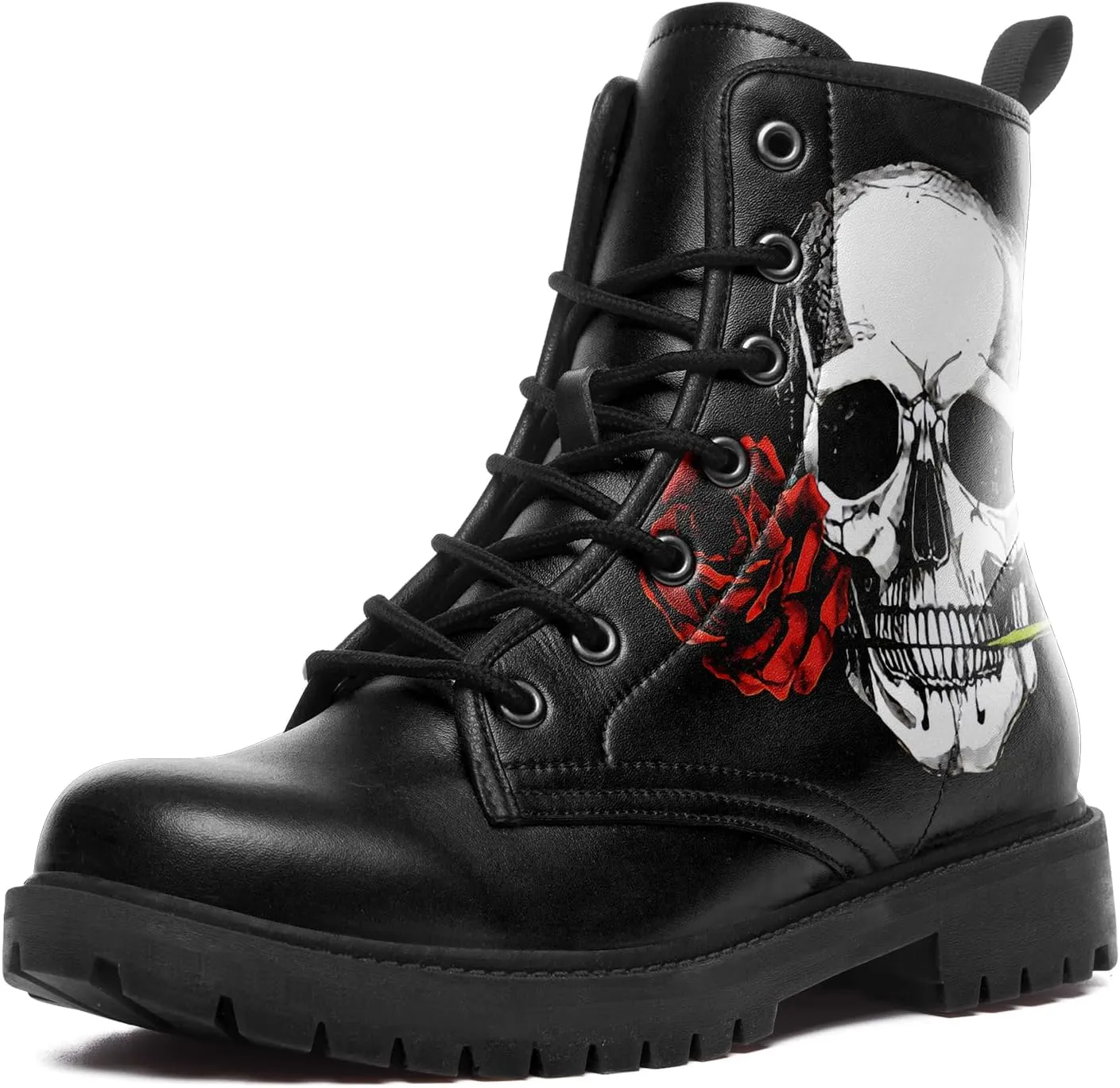 Combat Boots for Men Womens Fashion Lace-Up Skull Rose Ankle Booties Chunky Heel Platform Leather Work Boots