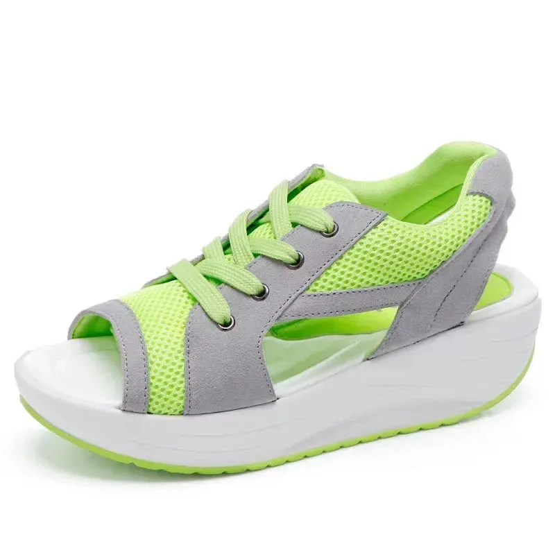 Contrast Paneled Cutout Lace-Up Muffin Sandals Woman Platform Sport