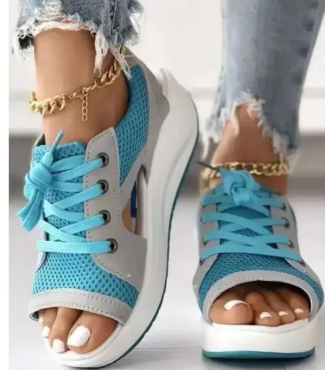 Contrast Paneled Cutout Lace-Up Muffin Sandals Woman Platform Sport