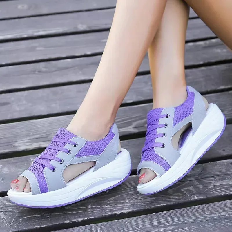 Contrast Paneled Cutout Lace-Up Muffin Sandals Woman Platform Sport