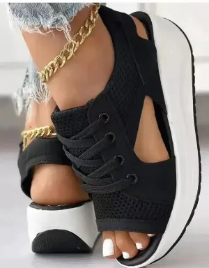 Contrast Paneled Cutout Lace-Up Muffin Sandals Woman Platform Sport