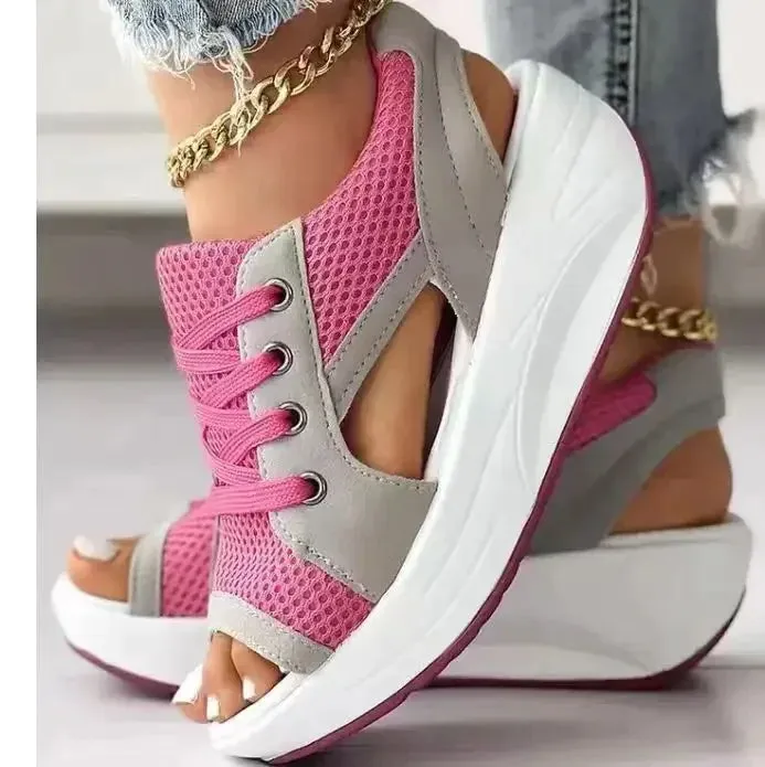 Contrast Paneled Cutout Lace-Up Muffin Sandals Woman Platform Sport