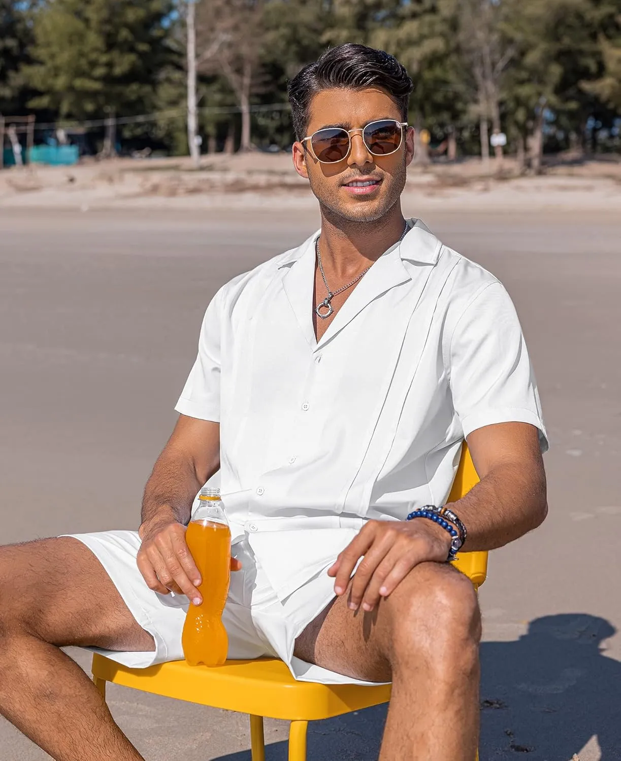 COOFANDY Mens 2 Piece Short Set Guayabera Button Down Shirt Casual Summer Beach Outfits