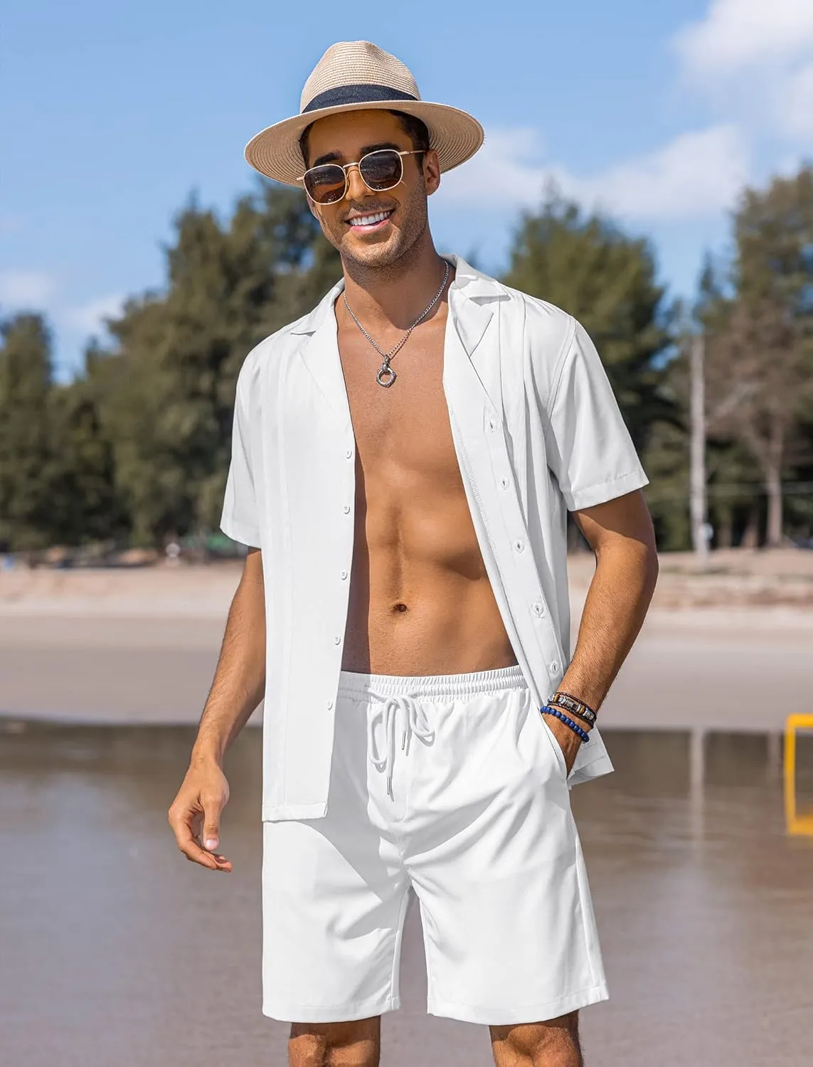 COOFANDY Mens 2 Piece Short Set Guayabera Button Down Shirt Casual Summer Beach Outfits