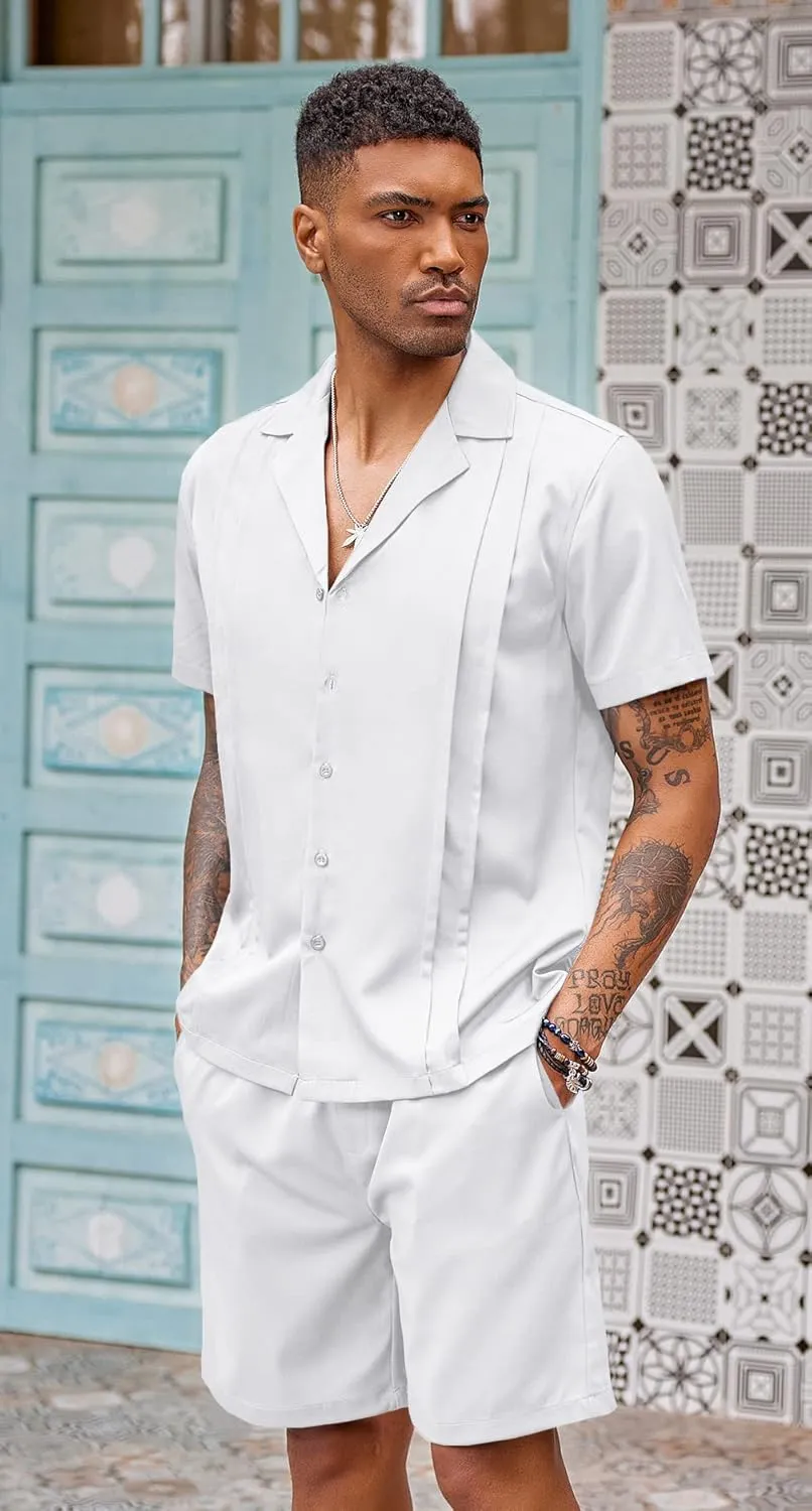 COOFANDY Mens 2 Piece Short Set Guayabera Button Down Shirt Casual Summer Beach Outfits