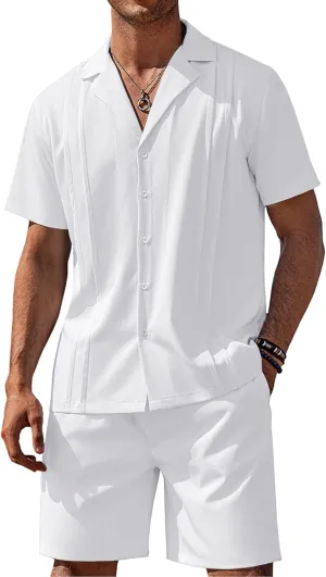 COOFANDY Mens 2 Piece Short Set Guayabera Button Down Shirt Casual Summer Beach Outfits