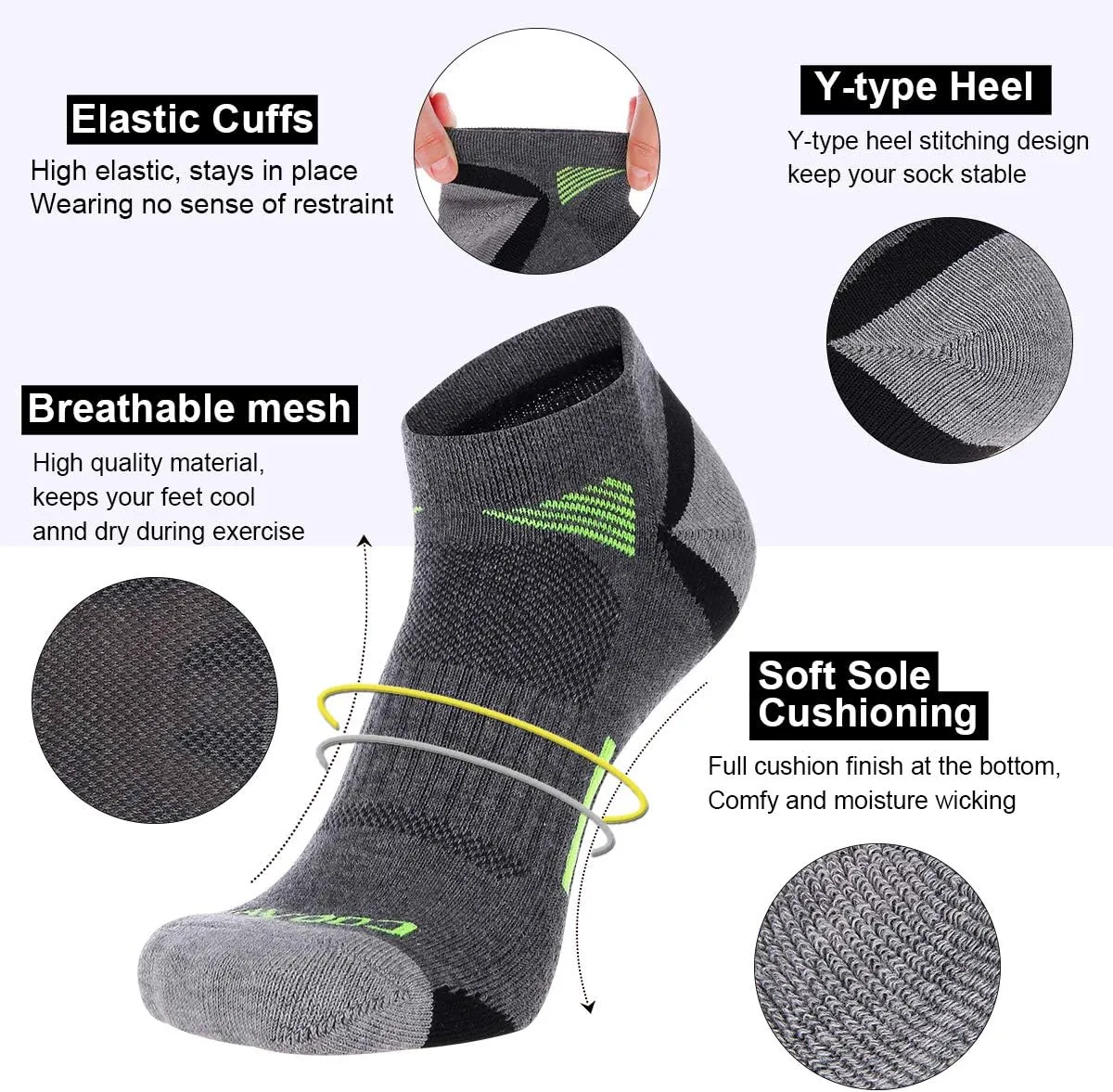 COOVAN Mens Ankle Athletic Socks Low Cut Cushioned Breathable Running Sports Socks 6 Pack