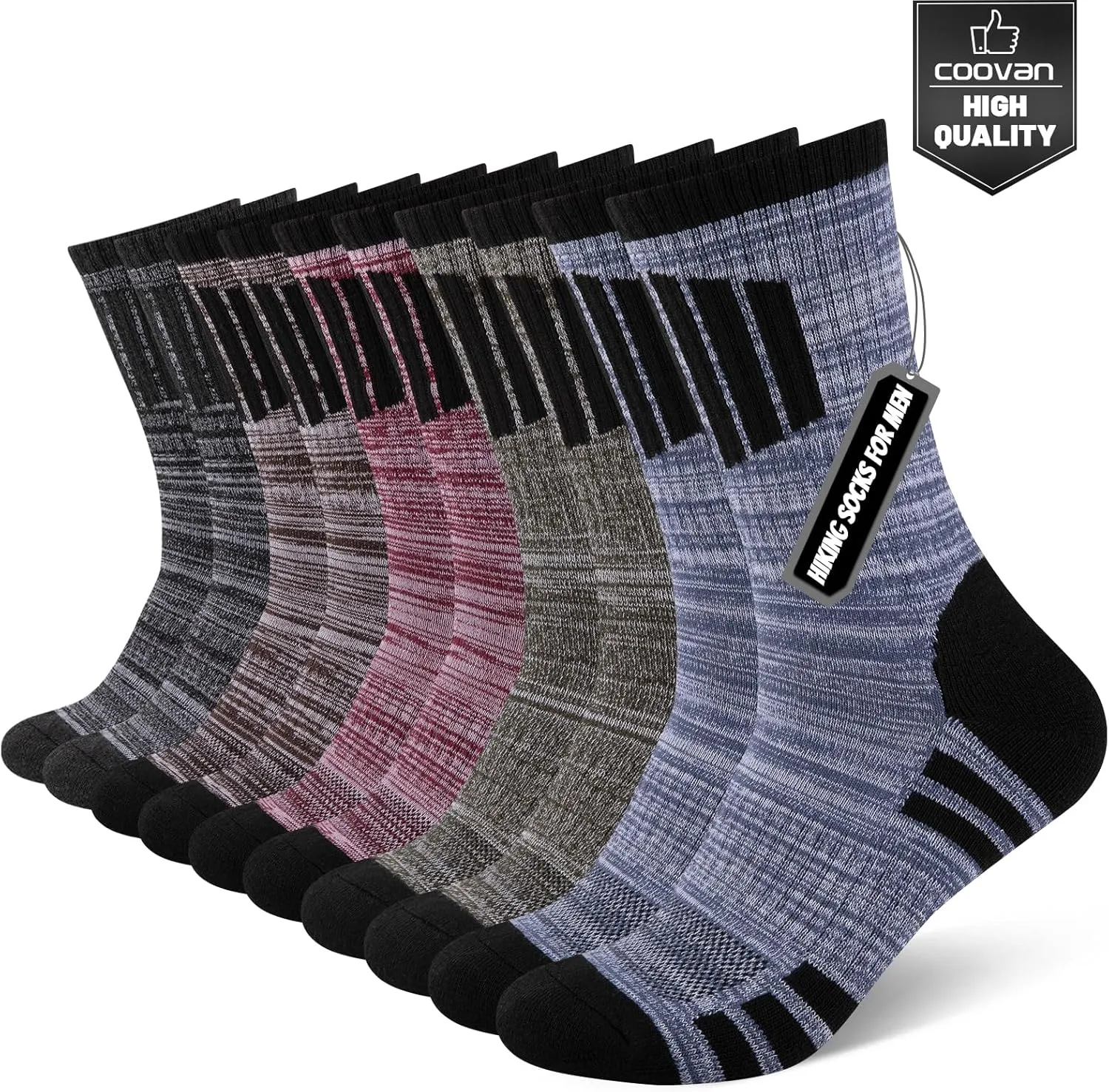 COOVAN Mens Hiking Crew Socks 5 Pairs Moisture Wicking Cushioned Athletic Boot Outdoor Socks