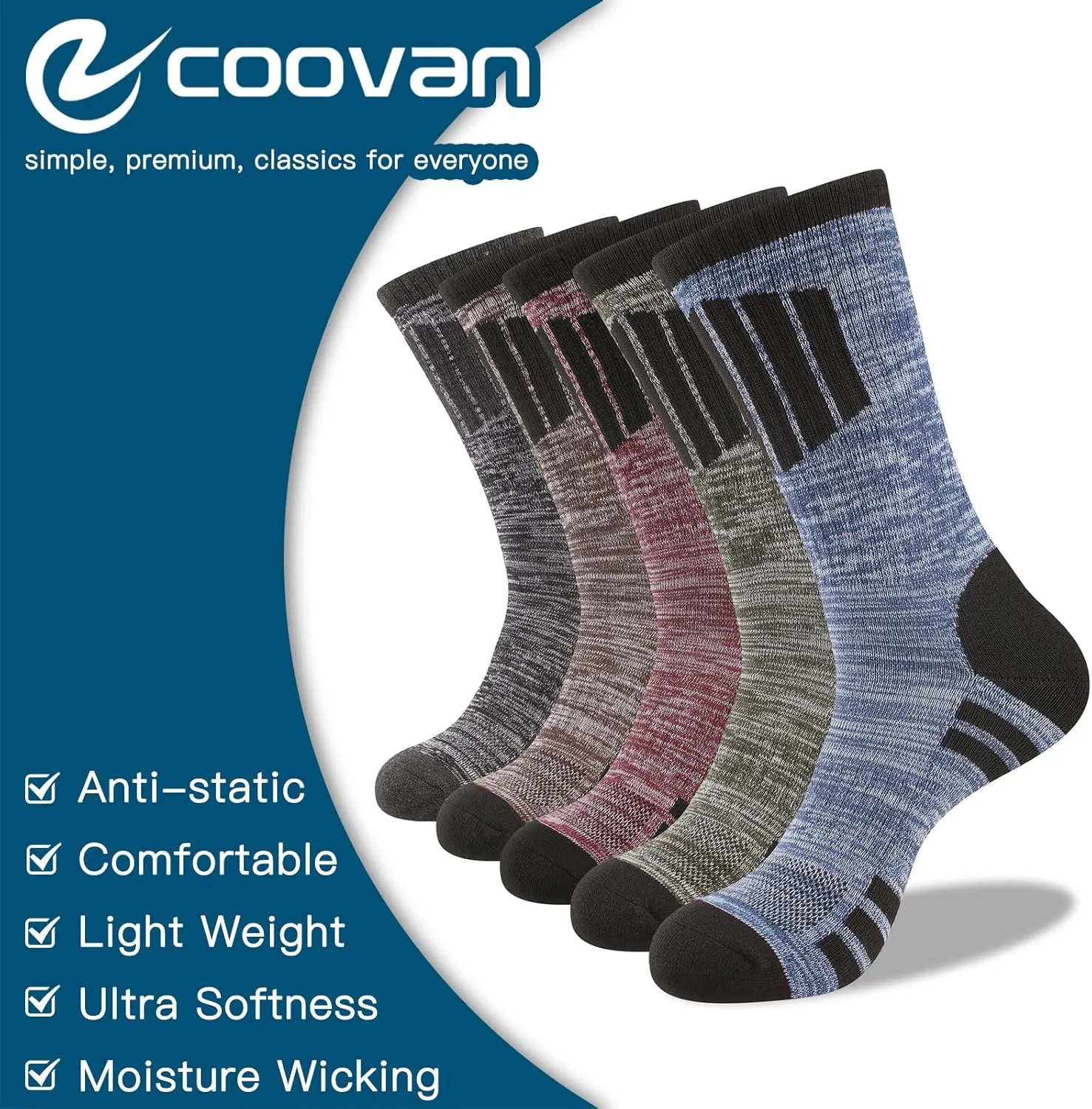 COOVAN Mens Hiking Crew Socks 5 Pairs Moisture Wicking Cushioned Athletic Boot Outdoor Socks
