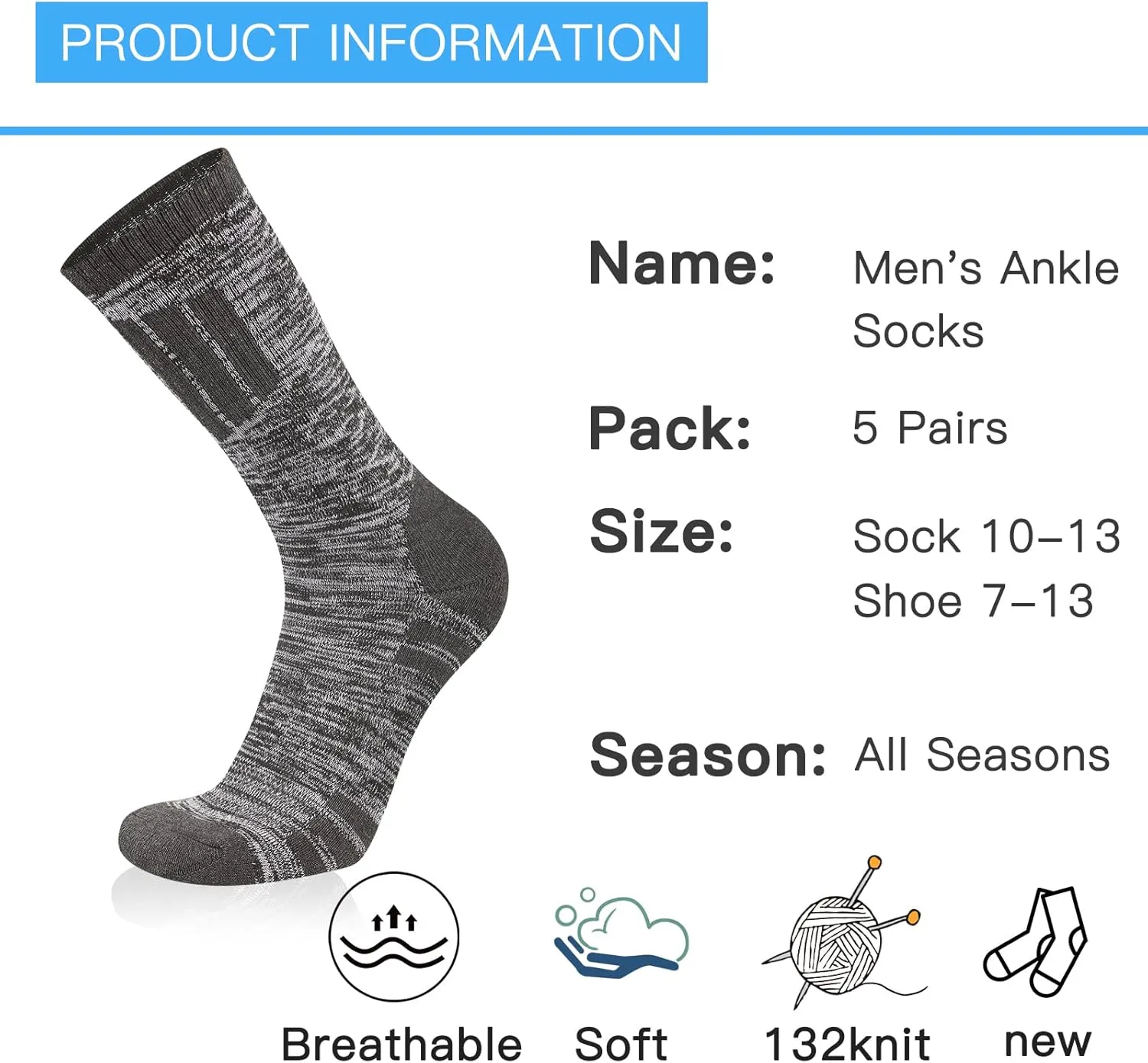 COOVAN Mens Hiking Crew Socks 5 Pairs Moisture Wicking Cushioned Athletic Boot Outdoor Socks