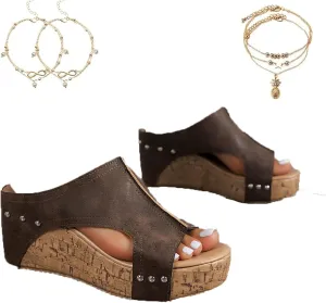 Cork Wedge Sandals for Women,Women's Thick Sole Comfy Leather Wedge Non-slip Summer Sandals,Lightweight for All Day Wear