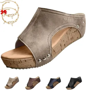 Cork Wedges, Maison Birch Cork Wedges, Women's Thick Sole Comfy Leather Wedge Non-slip Orthopedic Sandals