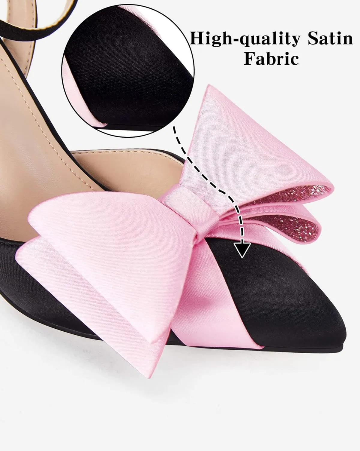Coutgo Bow Black Heels for Women Rhinestone Closed Toe High Heel Strappy Dress Wedding Bridal Pumps Shoes