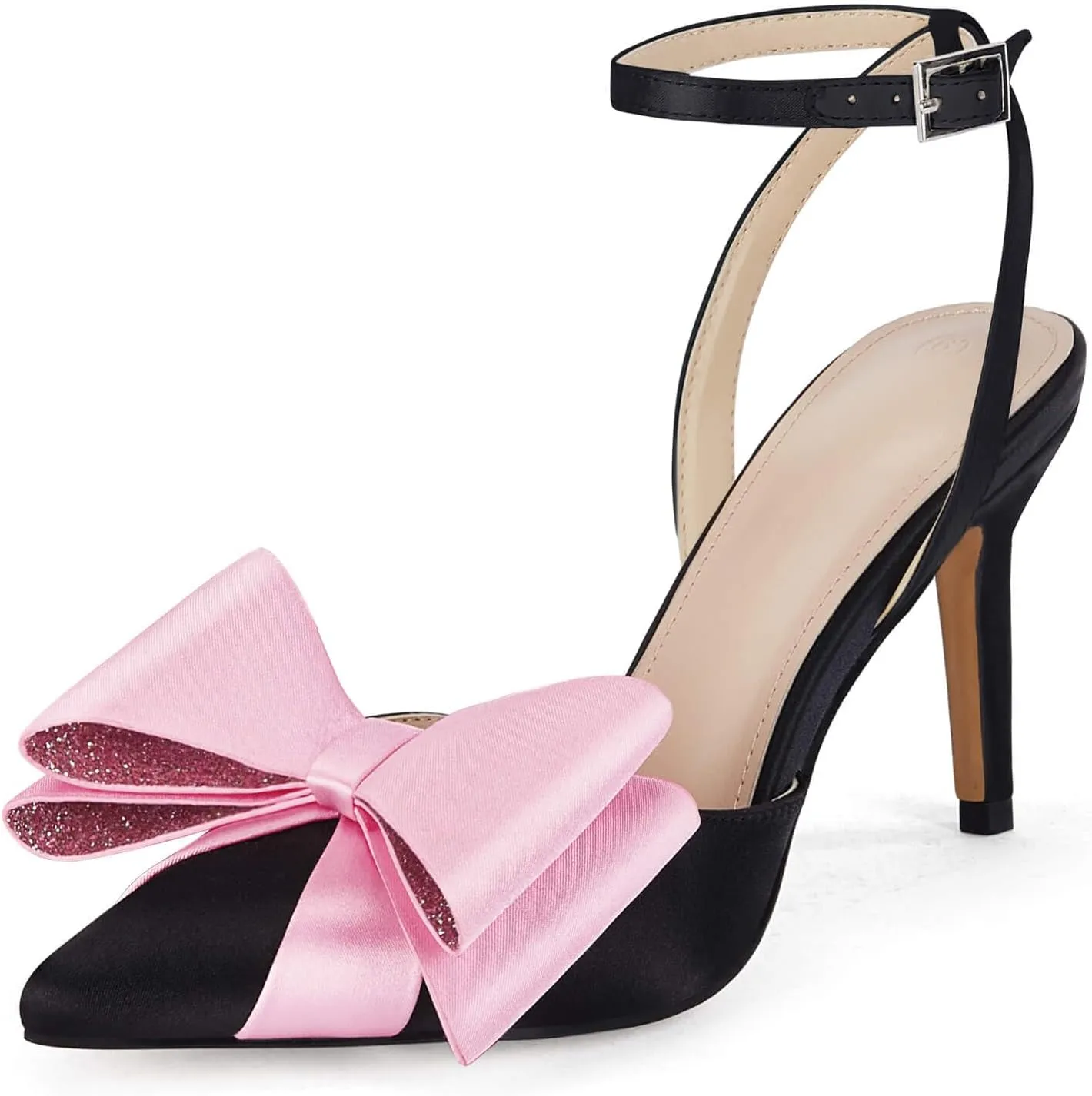 Coutgo Bow Black Heels for Women Rhinestone Closed Toe High Heel Strappy Dress Wedding Bridal Pumps Shoes