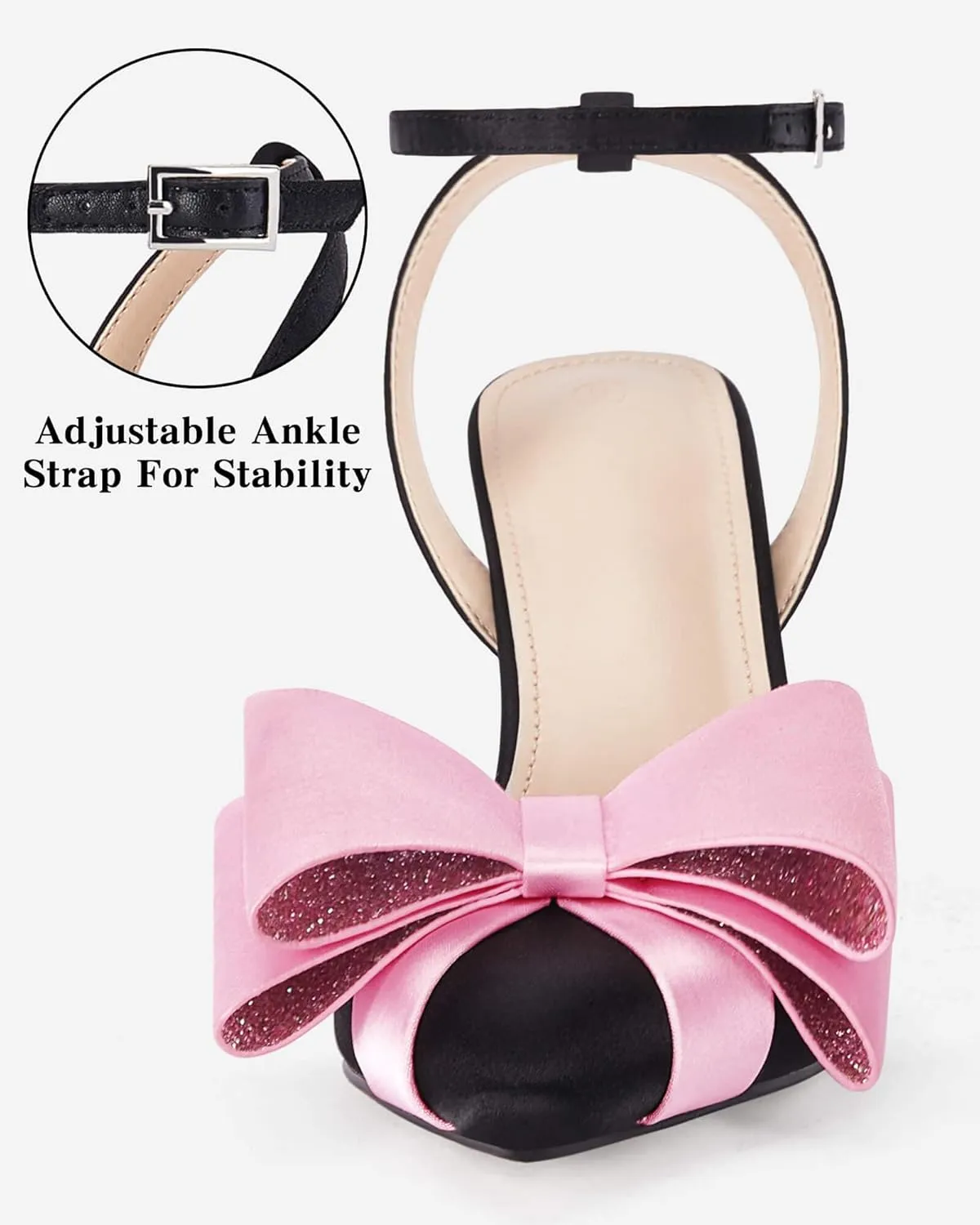 Coutgo Bow Black Heels for Women Rhinestone Closed Toe High Heel Strappy Dress Wedding Bridal Pumps Shoes