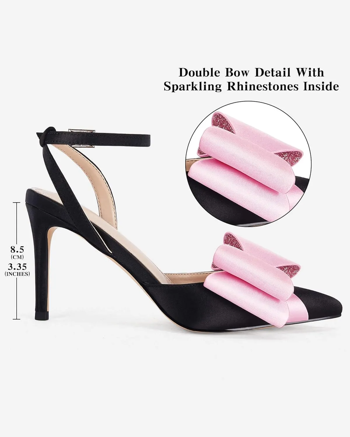 Coutgo Bow Black Heels for Women Rhinestone Closed Toe High Heel Strappy Dress Wedding Bridal Pumps Shoes