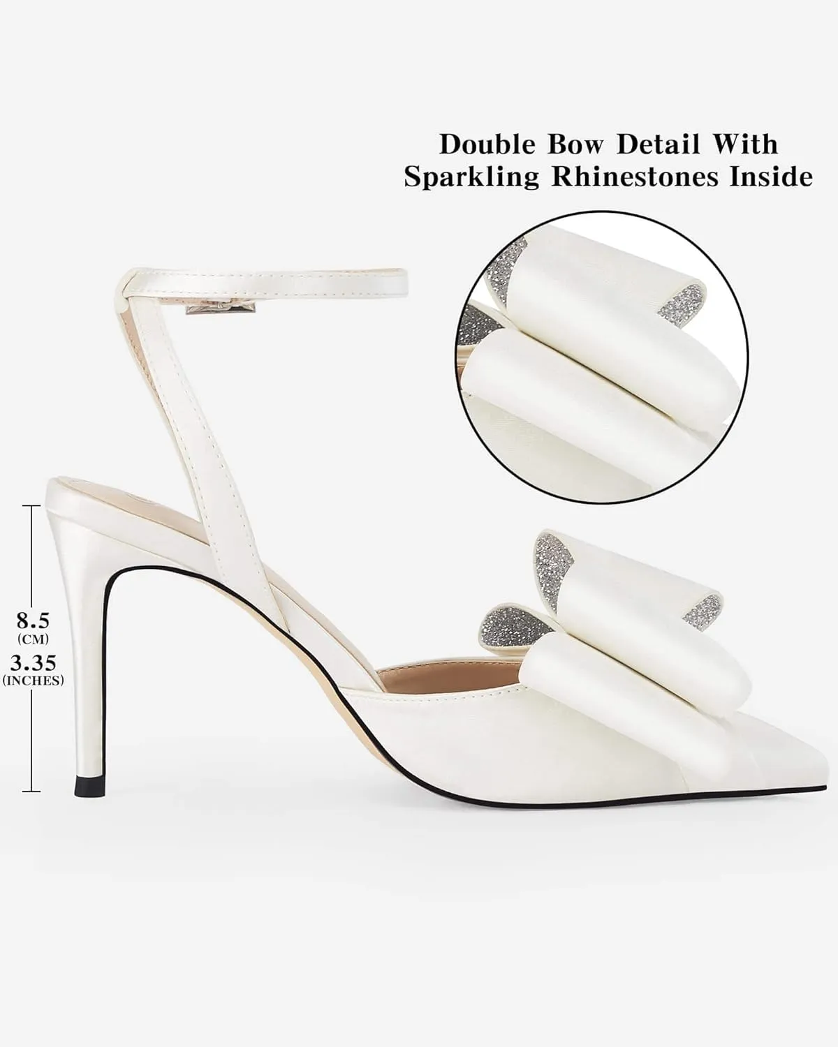 Coutgo Bow Black Heels for Women Rhinestone Closed Toe High Heel Strappy Dress Wedding Bridal Pumps Shoes
