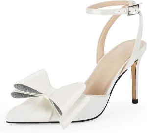 Coutgo Bow Black Heels for Women Rhinestone Closed Toe High Heel Strappy Dress Wedding Bridal Pumps Shoes