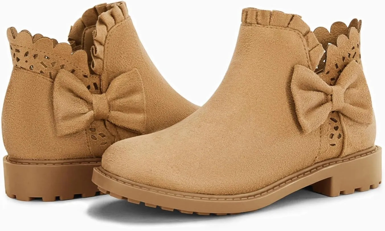 Coutgo Girls Bow Ankle Boots Ruffled Chunky Heel with Classic Side Zipper Dress Booties for Little Kids/Big Kids