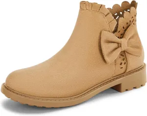 Coutgo Girls Bow Ankle Boots Ruffled Chunky Heel with Classic Side Zipper Dress Booties for Little Kids/Big Kids