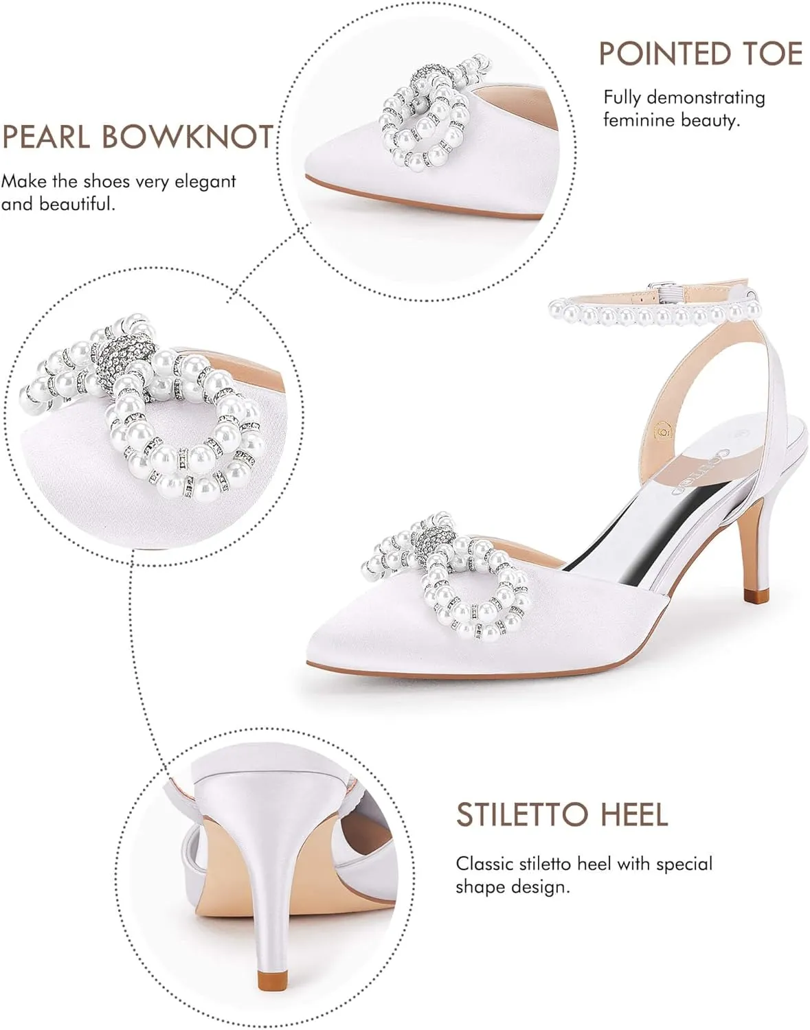 Coutgo Womens Bowknot Heels Pumps Stiletto Closed Pointed Toe Pearl Ankle Strap Wedding Dress Shoes