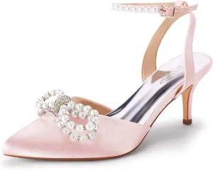 Coutgo Womens Bowknot Heels Pumps Stiletto Closed Pointed Toe Pearl Ankle Strap Wedding Dress Shoes