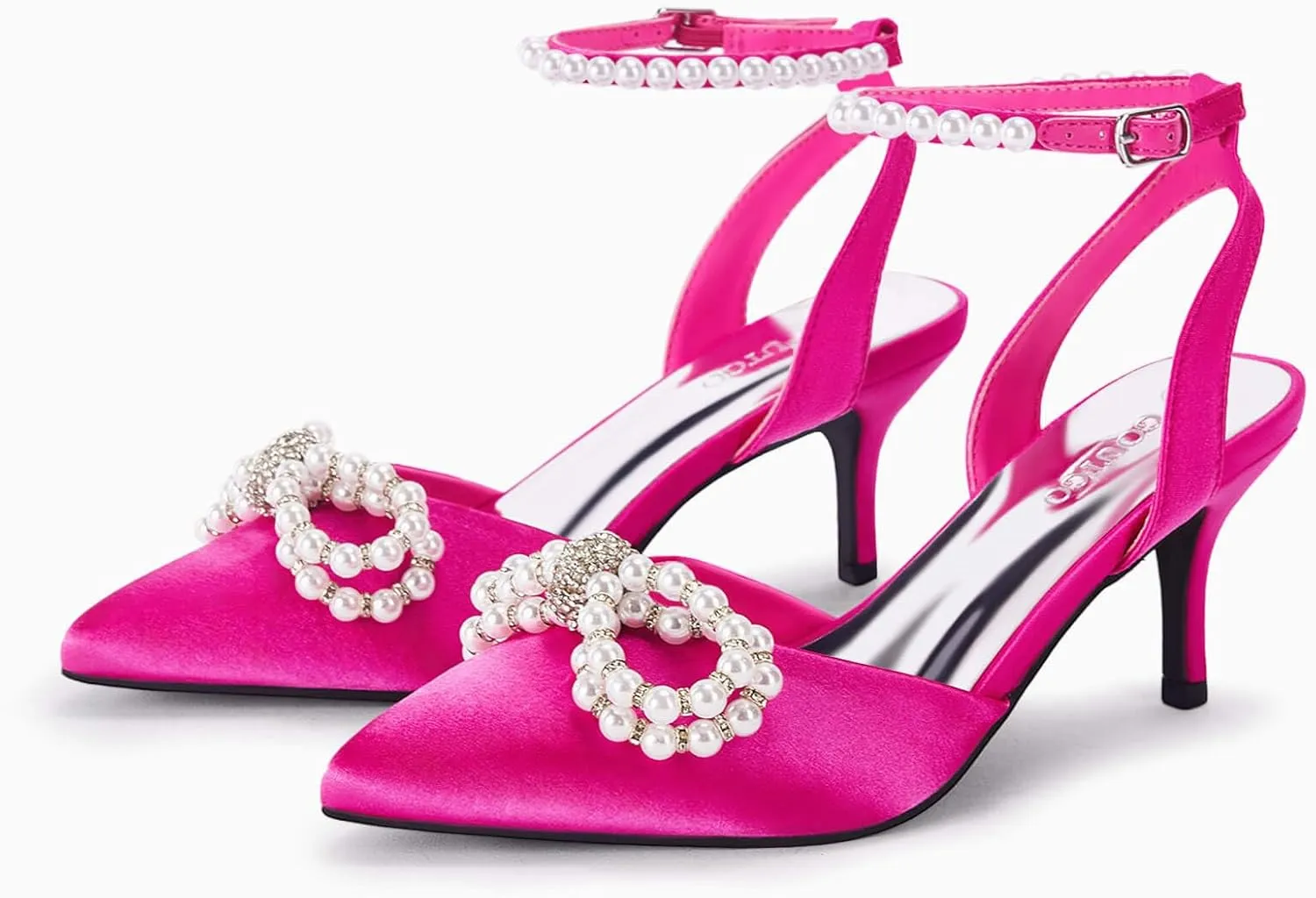 Coutgo Womens Bowknot Heels Pumps Stiletto Closed Pointed Toe Pearl Ankle Strap Wedding Dress Shoes