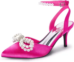 Coutgo Womens Bowknot Heels Pumps Stiletto Closed Pointed Toe Pearl Ankle Strap Wedding Dress Shoes