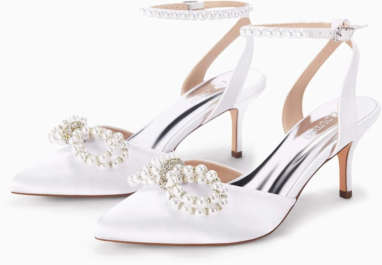 Coutgo Womens Bowknot Heels Pumps Stiletto Closed Pointed Toe Pearl Ankle Strap Wedding Dress Shoes