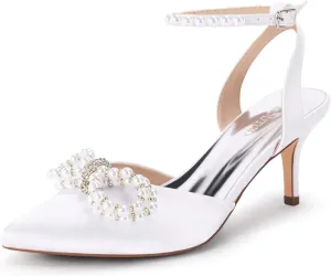 Coutgo Womens Bowknot Heels Pumps Stiletto Closed Pointed Toe Pearl Ankle Strap Wedding Dress Shoes