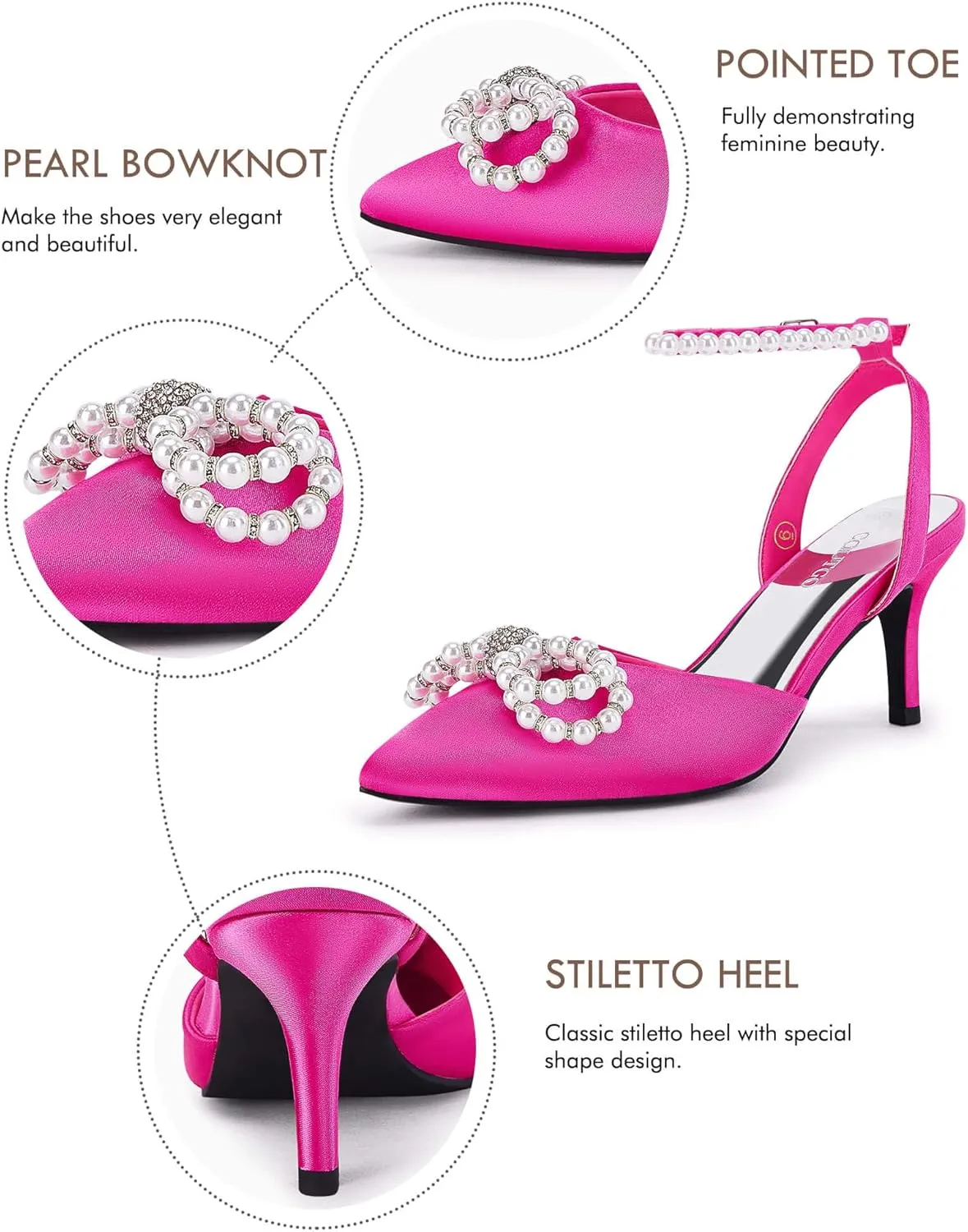 Coutgo Womens Bowknot Heels Pumps Stiletto Closed Pointed Toe Pearl Ankle Strap Wedding Dress Shoes