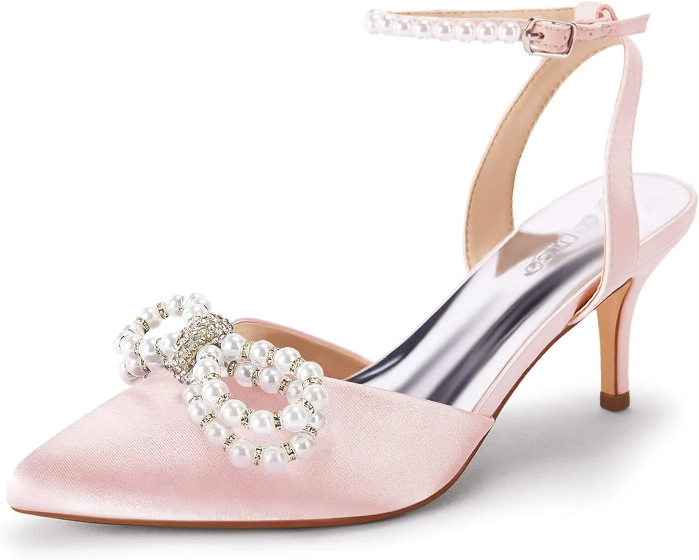 Coutgo Womens Bowknot Heels Pumps Stiletto Closed Pointed Toe Pearl Ankle Strap Wedding Dress Shoes