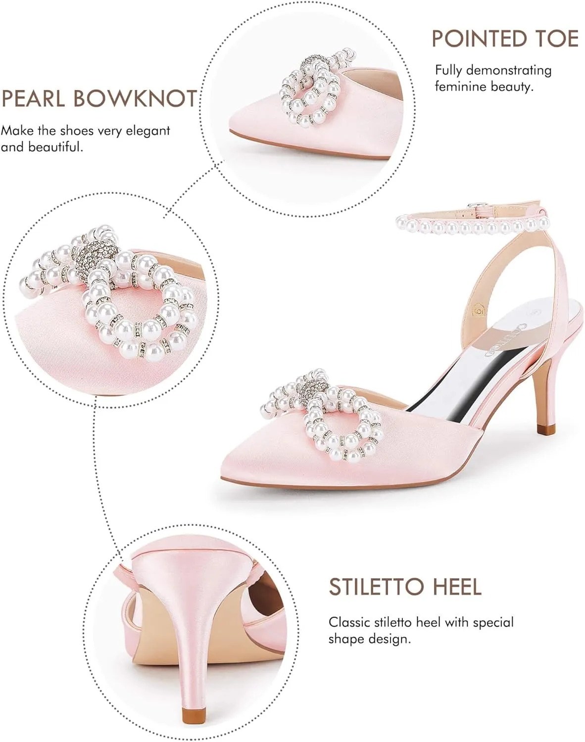 Coutgo Womens Bowknot Heels Pumps Stiletto Closed Pointed Toe Pearl Ankle Strap Wedding Dress Shoes